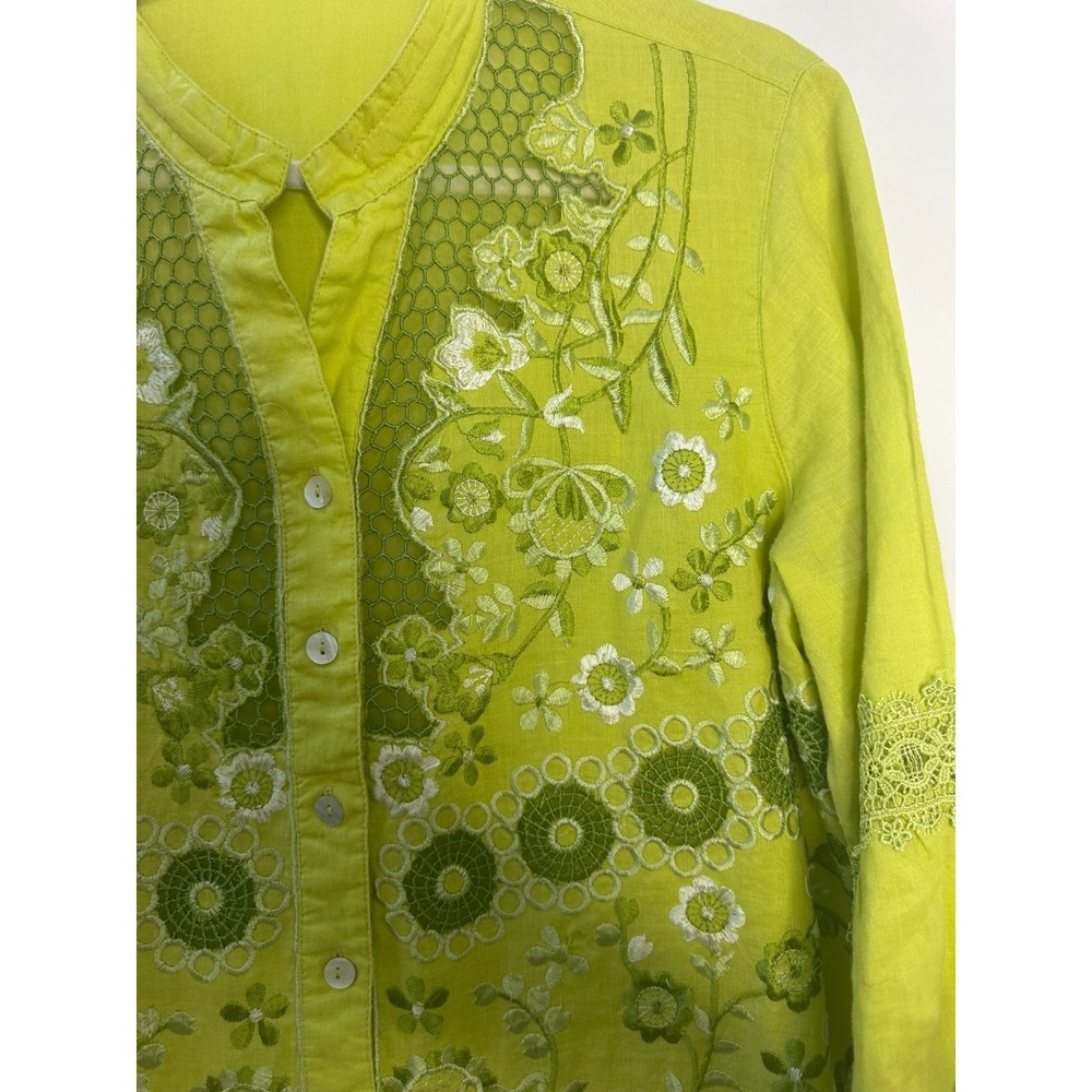 John Mark 100% Linen Embroidered Crochet Lace Blouse Womens Lime Green Medium - Picture 4 of 12